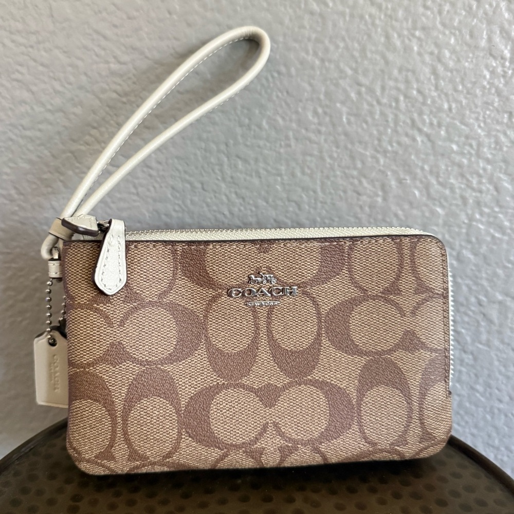 Coach Monogram Canvas Wristlet in Brown and White